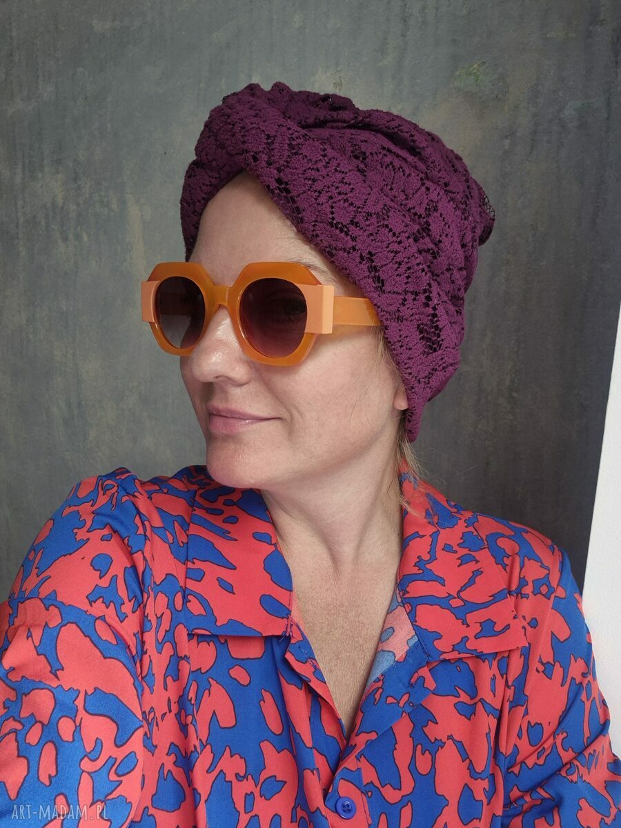Turban boho etno - fioletowo-bordowy patchwork, uniwersalny rozmiar