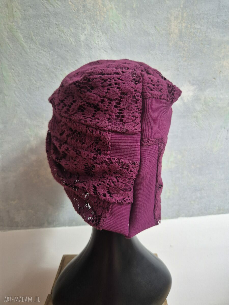 Turban boho etno - fioletowo-bordowy patchwork, uniwersalny rozmiar