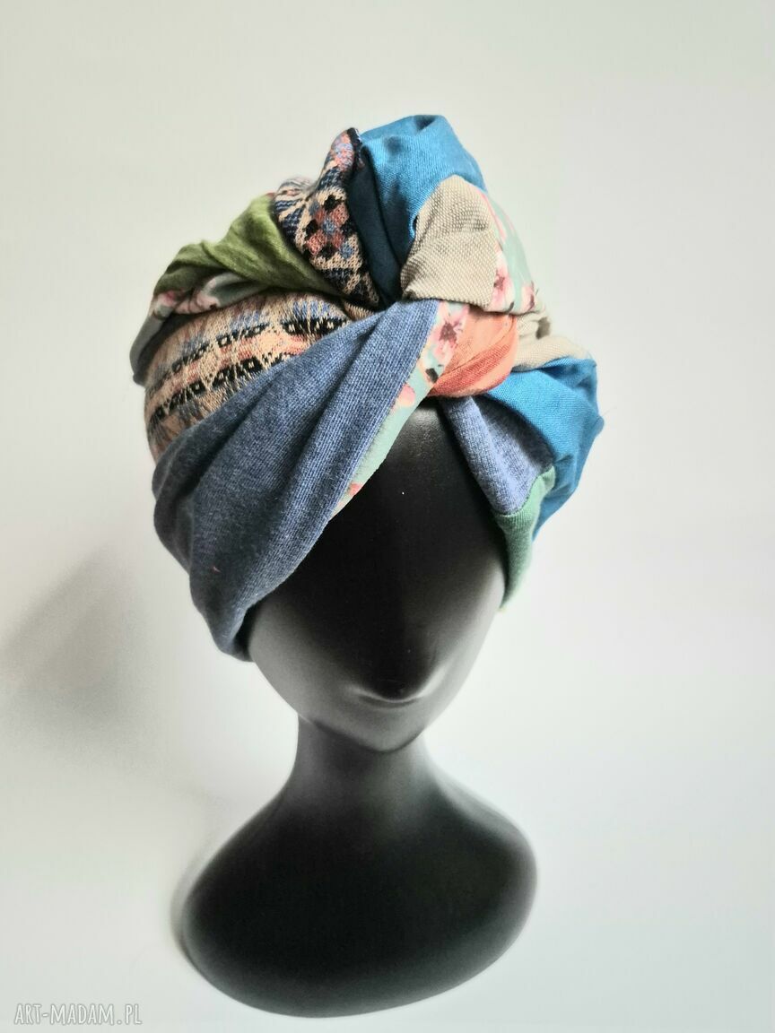 Kolorowy turban damski na podszewce - patchworkowo szyty