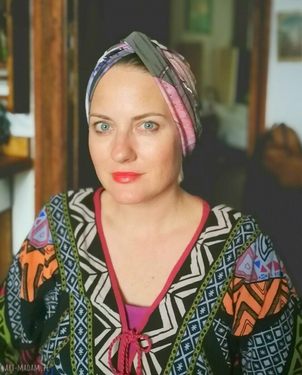 Kolorowy turban handmade - boho i etno w kwiatach, rozmiar uniwersalny