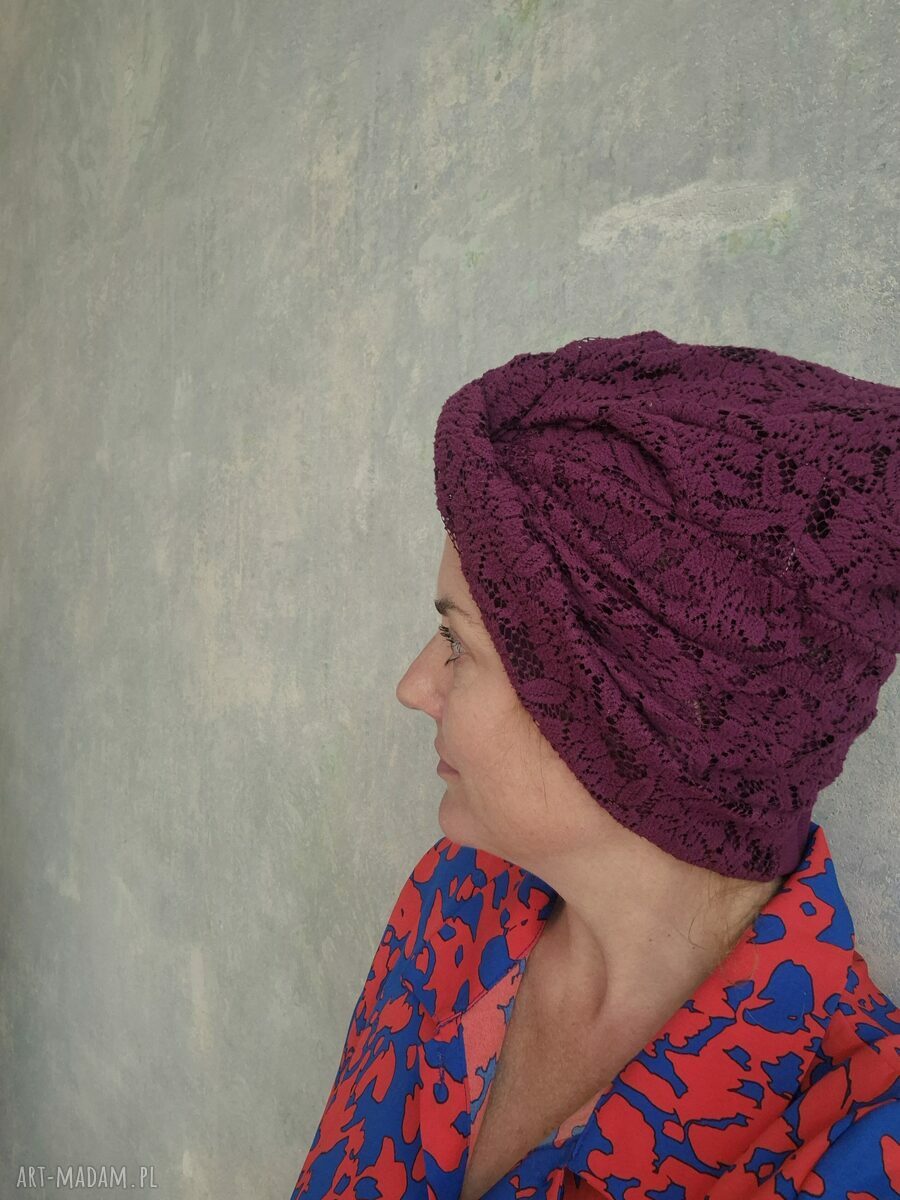 Turban boho etno - fioletowo-bordowy patchwork, uniwersalny rozmiar