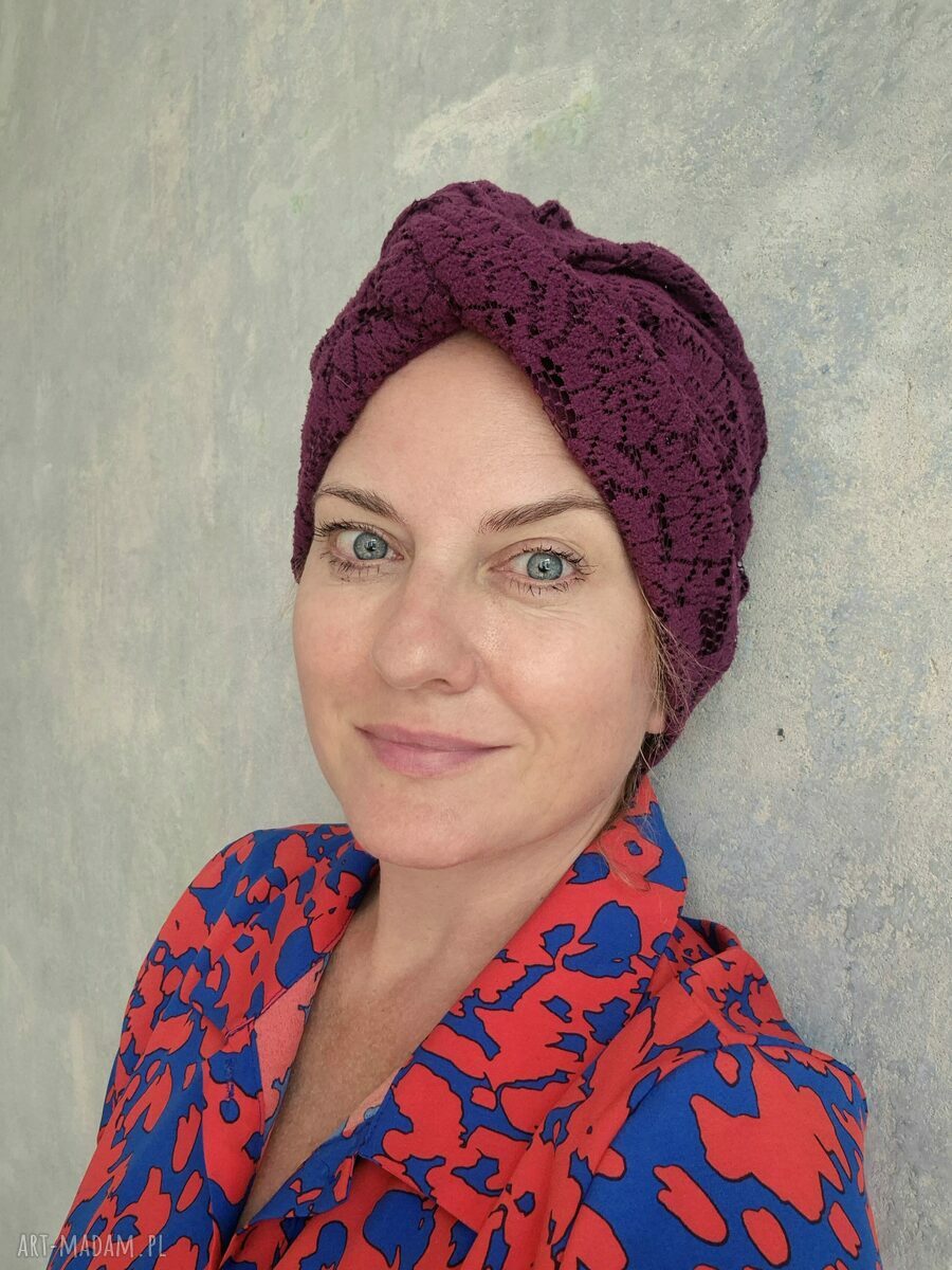 Turban boho etno - fioletowo-bordowy patchwork, uniwersalny rozmiar