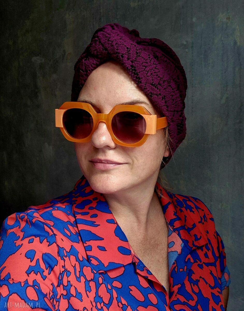 Turban boho etno - fioletowo-bordowy patchwork, uniwersalny rozmiar