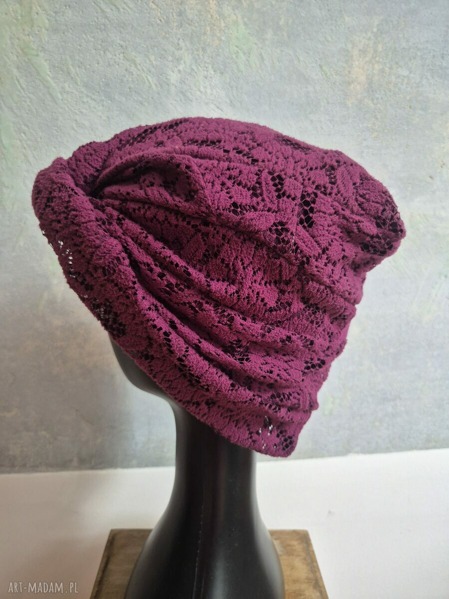 Turban boho etno - fioletowo-bordowy patchwork, uniwersalny rozmiar