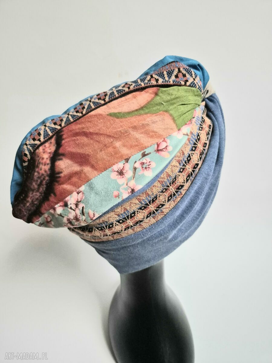 Kolorowy turban damski na podszewce - patchworkowo szyty