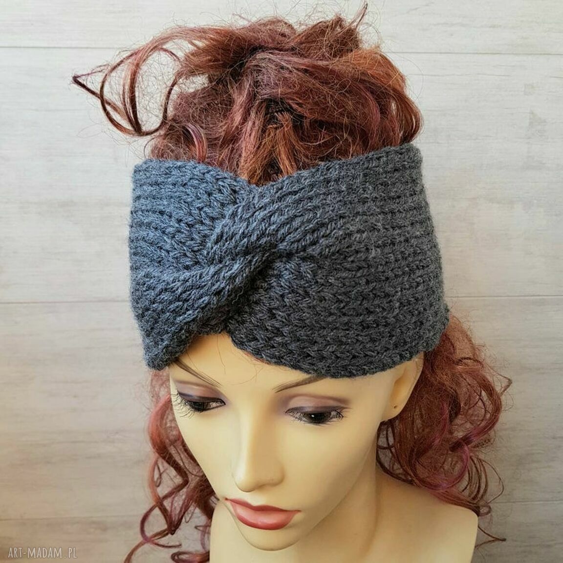 Opaska turban podwójnie robiona na głowę Retro - szary i antracyt