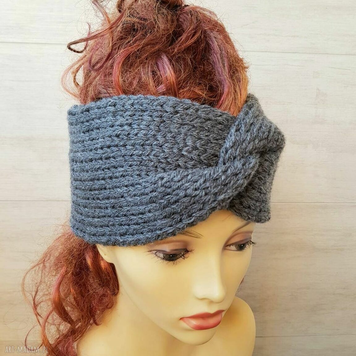 Opaska turban podwójnie robiona na głowę Retro - szary i antracyt