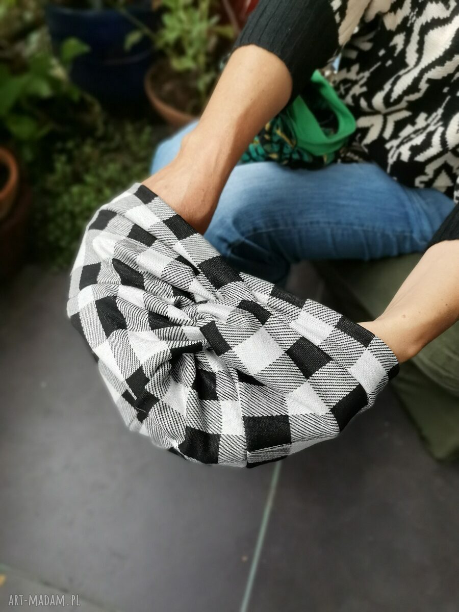 Turban dzianinowy boho w kratkę - uniwersalny i ręcznie robiony