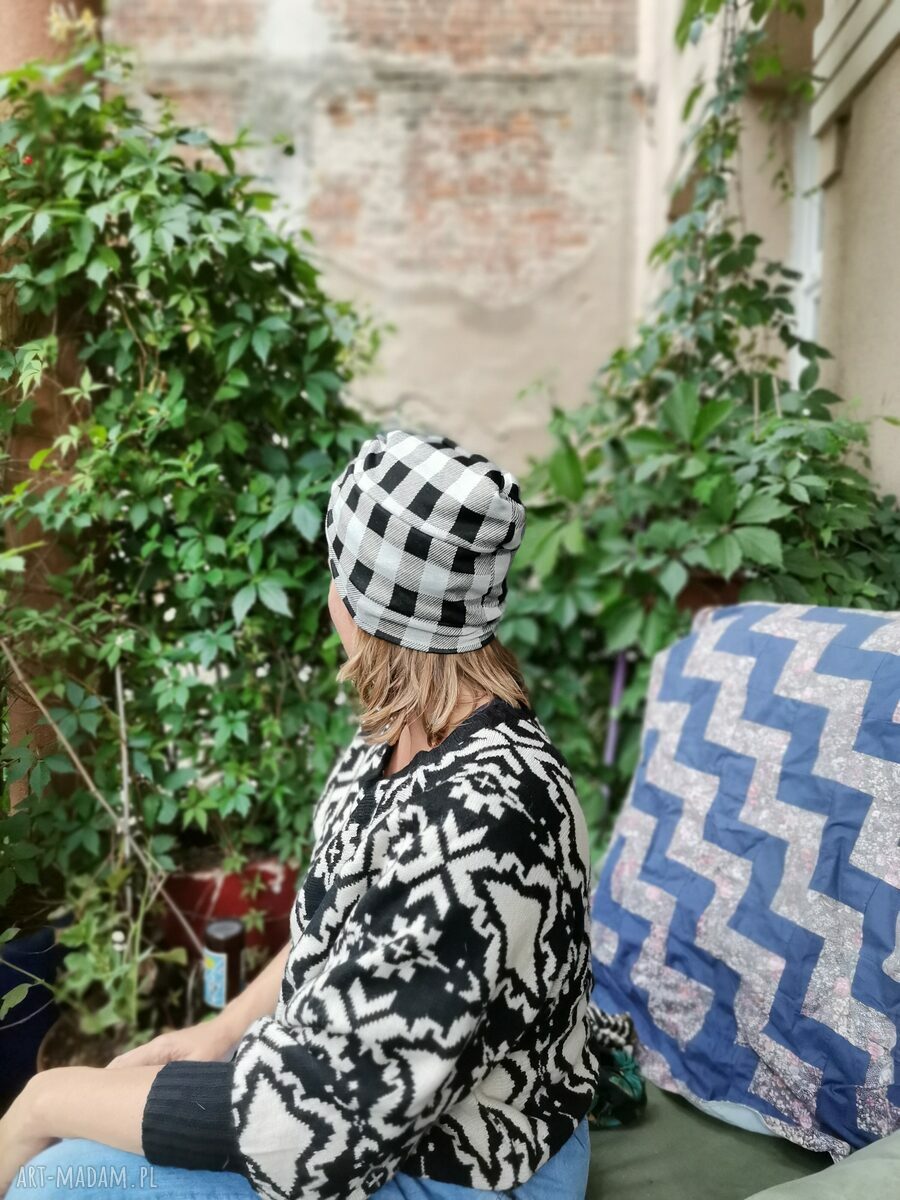 Turban dzianinowy boho w kratkę - uniwersalny i ręcznie robiony