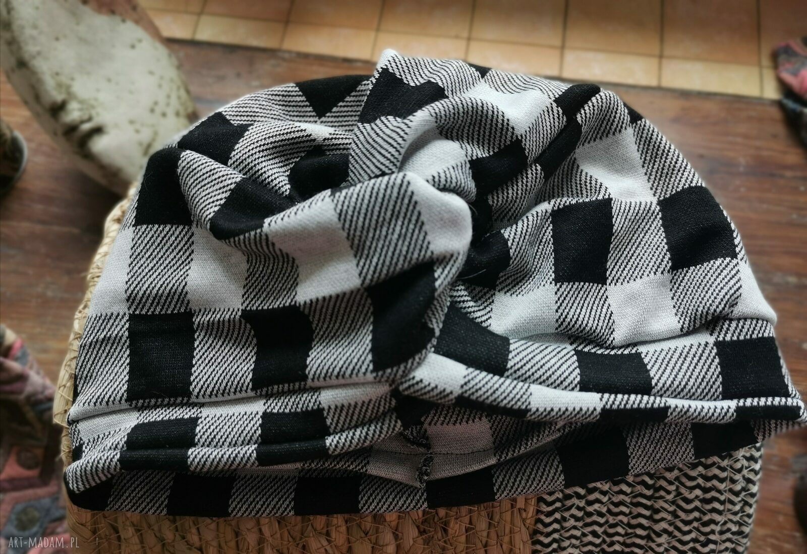 Turban dzianinowy w kratkę boho - uniwersalny, ręcznie wykonany