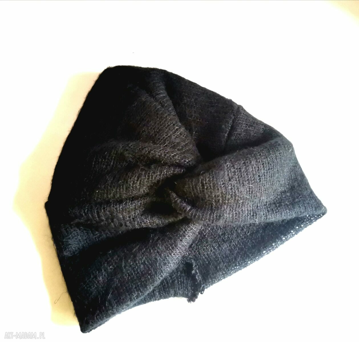 Turban uniwersalny damski z czarnej dzianiny swetrowej - etno/retro 57-58