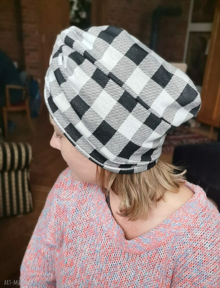 Turban dzianinowy w kratkę boho - uniwersalny, ręcznie wykonany