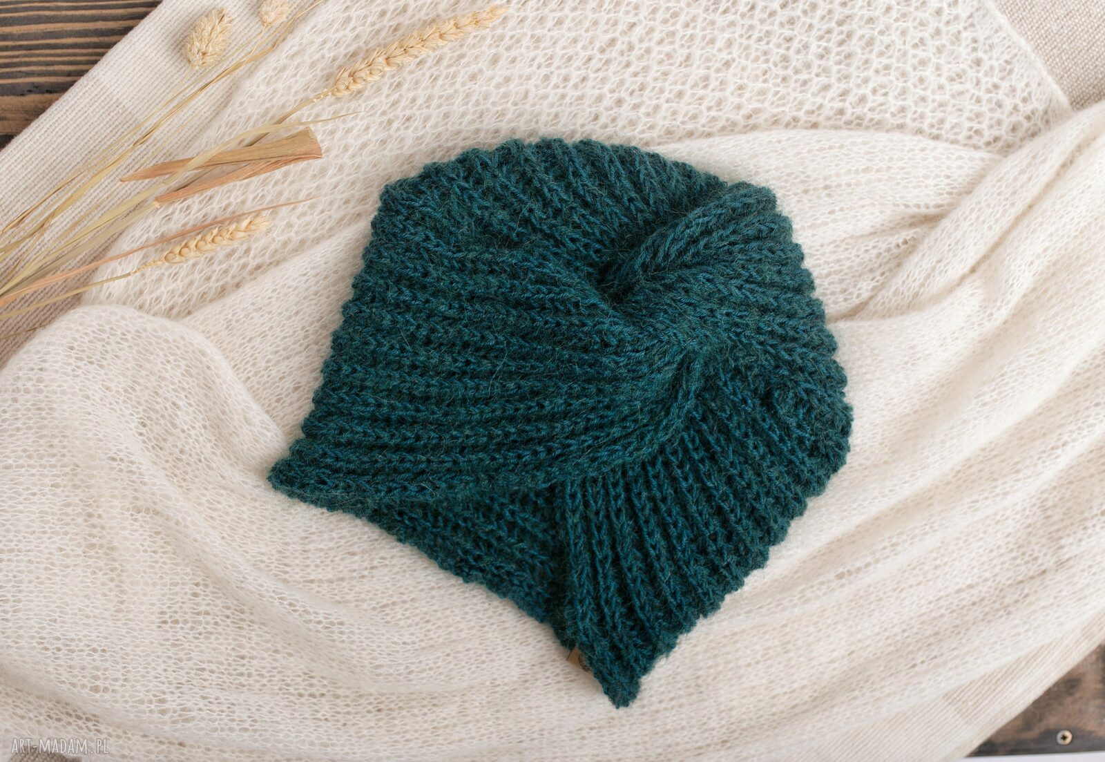 Turban wełniany z baby alpaki i merino w butelkowej zieleni