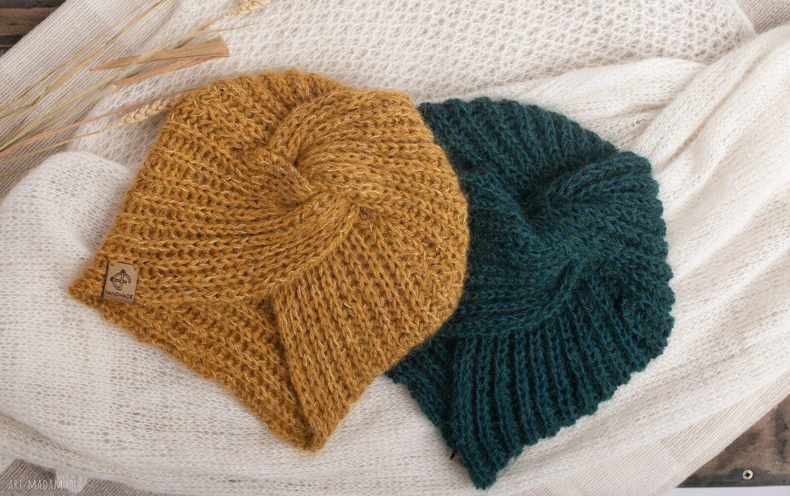 Turban wełniany z baby alpaki i merino w butelkowej zieleni
