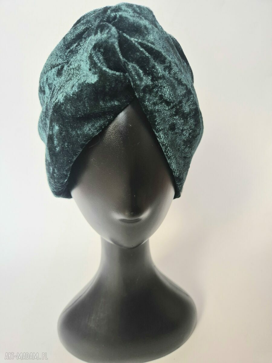 Turban zielony - ręcznie robiony, uniwersalny obwód, zwraca uwagę