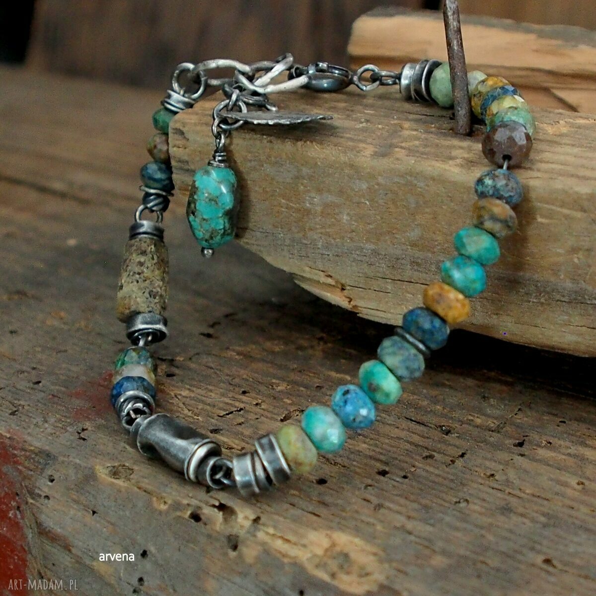 Bransoletka turkus i bursztyn w oksydowanym srebrze 925 - charms