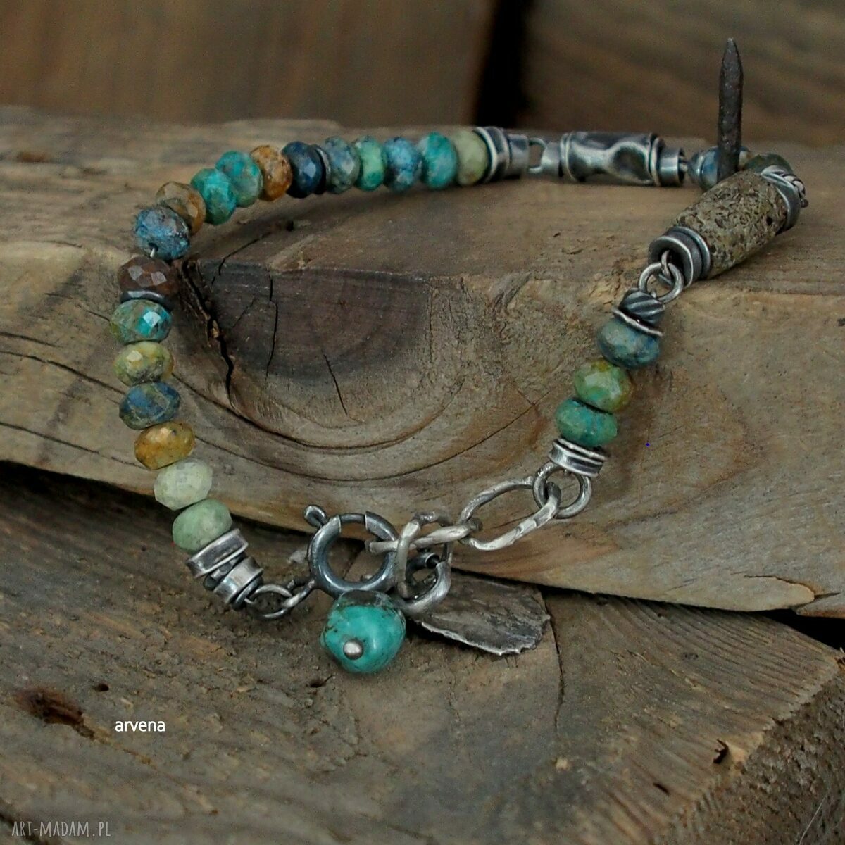 Bransoletka turkus i bursztyn w oksydowanym srebrze 925 - charms