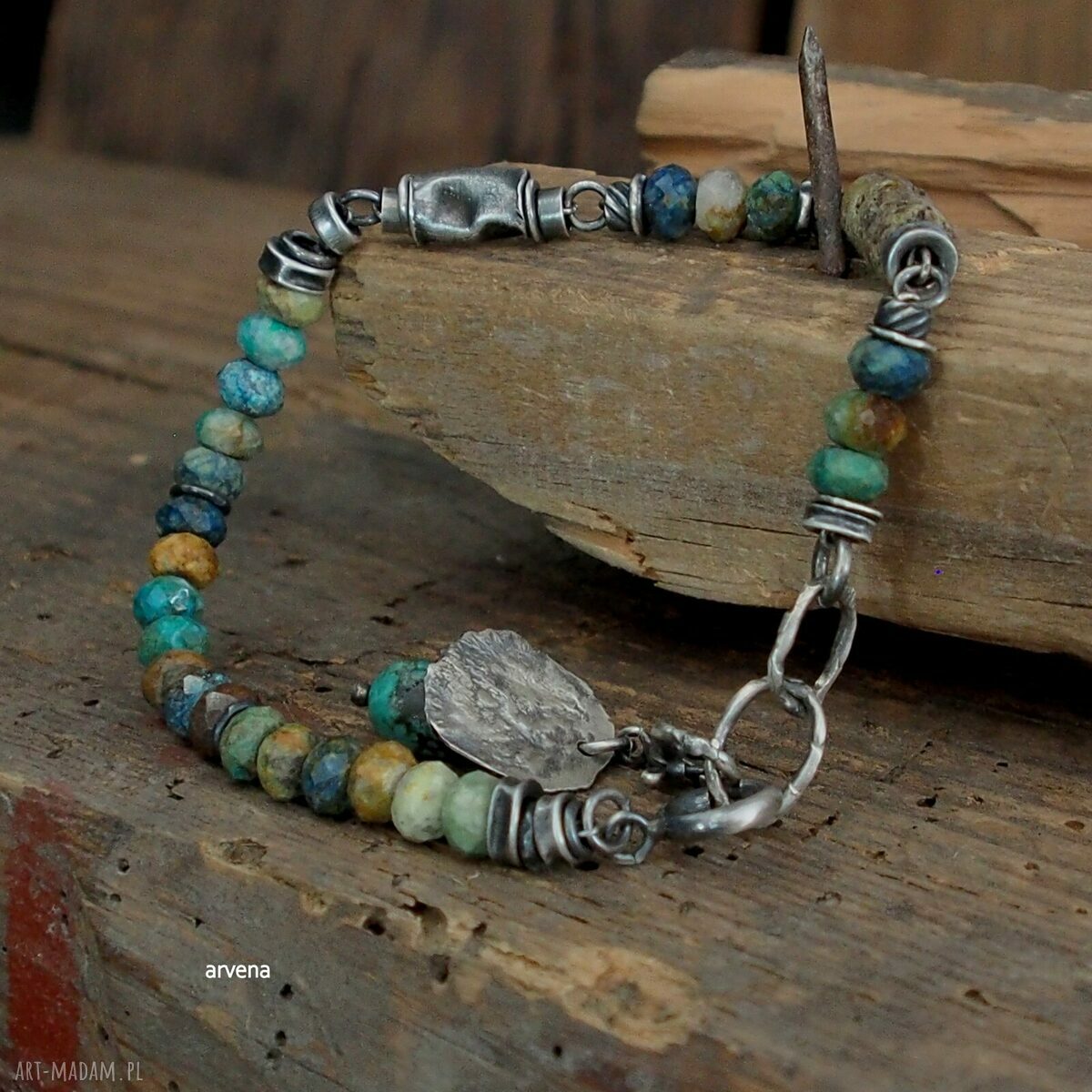 Bransoletka turkus i bursztyn w oksydowanym srebrze 925 - charms