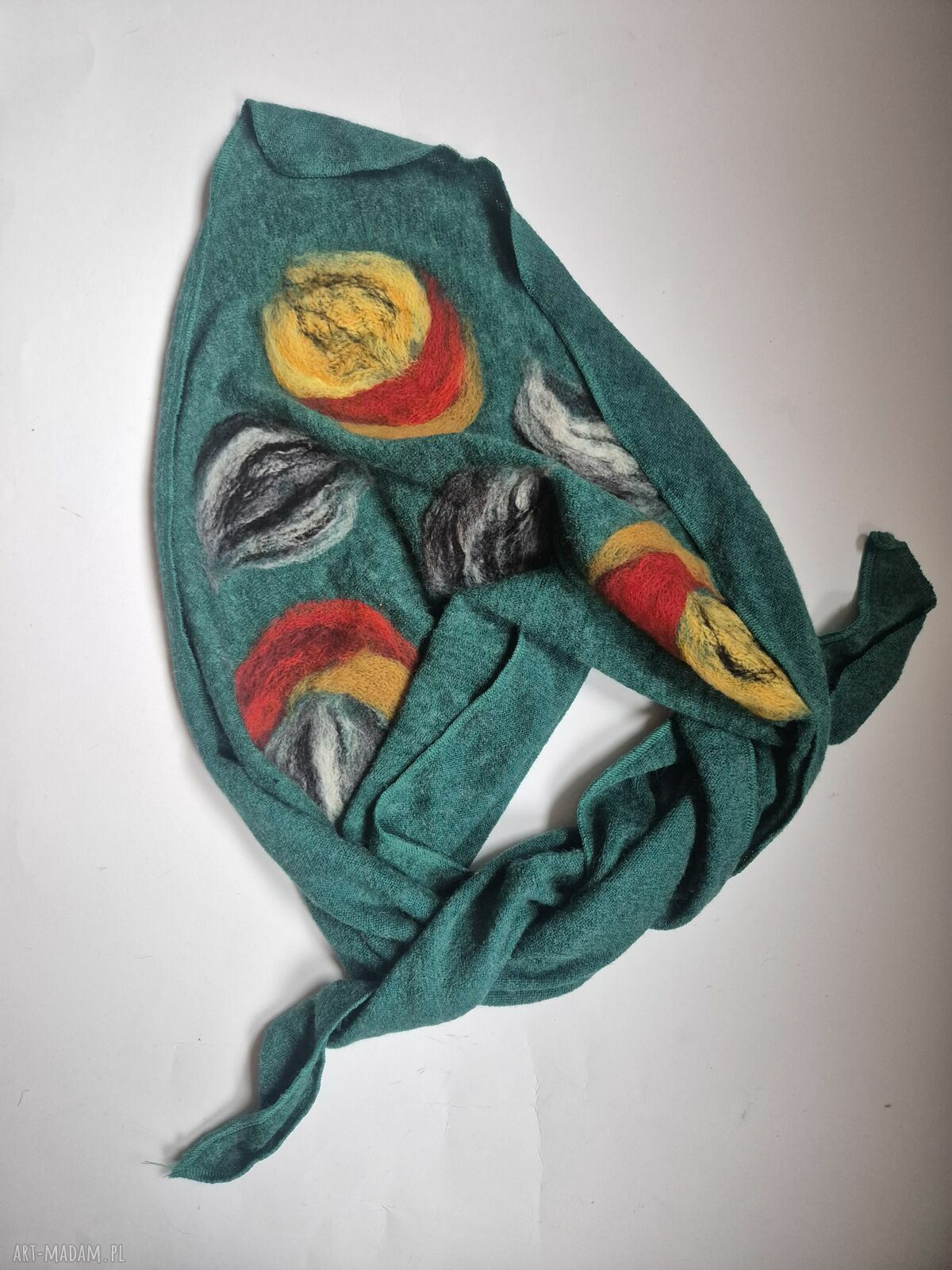 Turkusowa chusta boho handmade z wełny merynosów - filcowane elementy