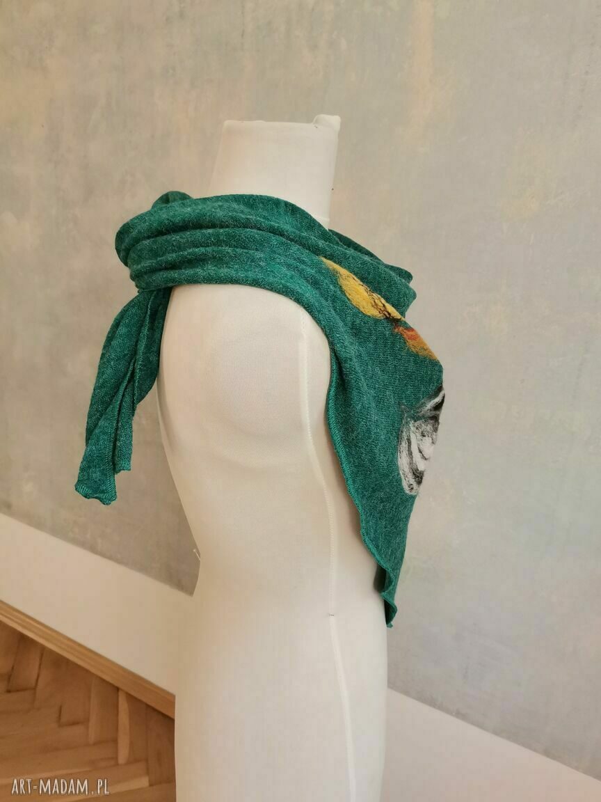 Turkusowa chusta handmade z wełny merynosów - filcowane elementy