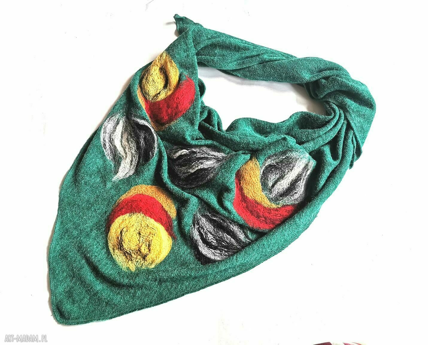 Turkusowa chusta handmade z wełny merynosów - filcowane elementy