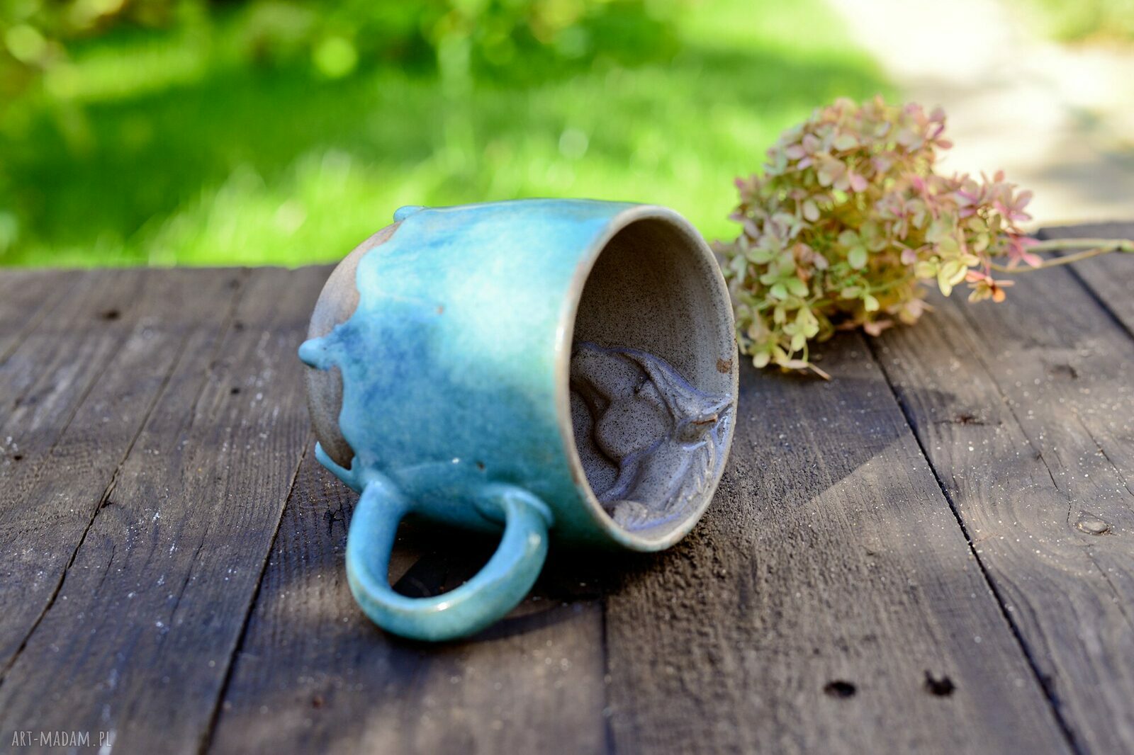Turkusowo-szary kubek z koniem - rękodzieło ceramiczne 400 ml