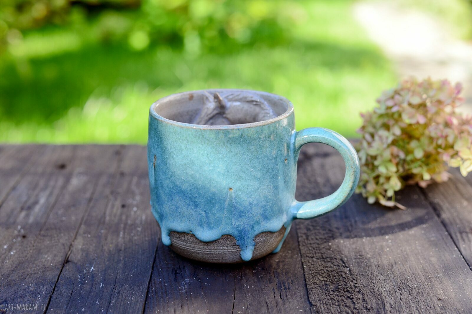 Turkusowo-szary kubek z koniem - rękodzieło ceramiczne 400 ml