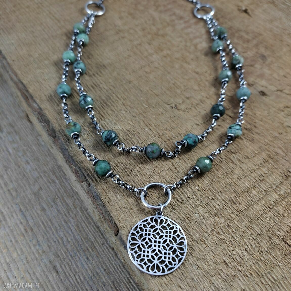 Naszyjnik turkus z rozetą - srebro 925 oksydowane (handmade)