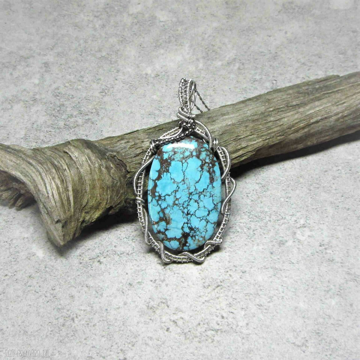 Srebrna zawieszka z turkusem tybetańskim - wire wrapping, oksydowane srebro 999