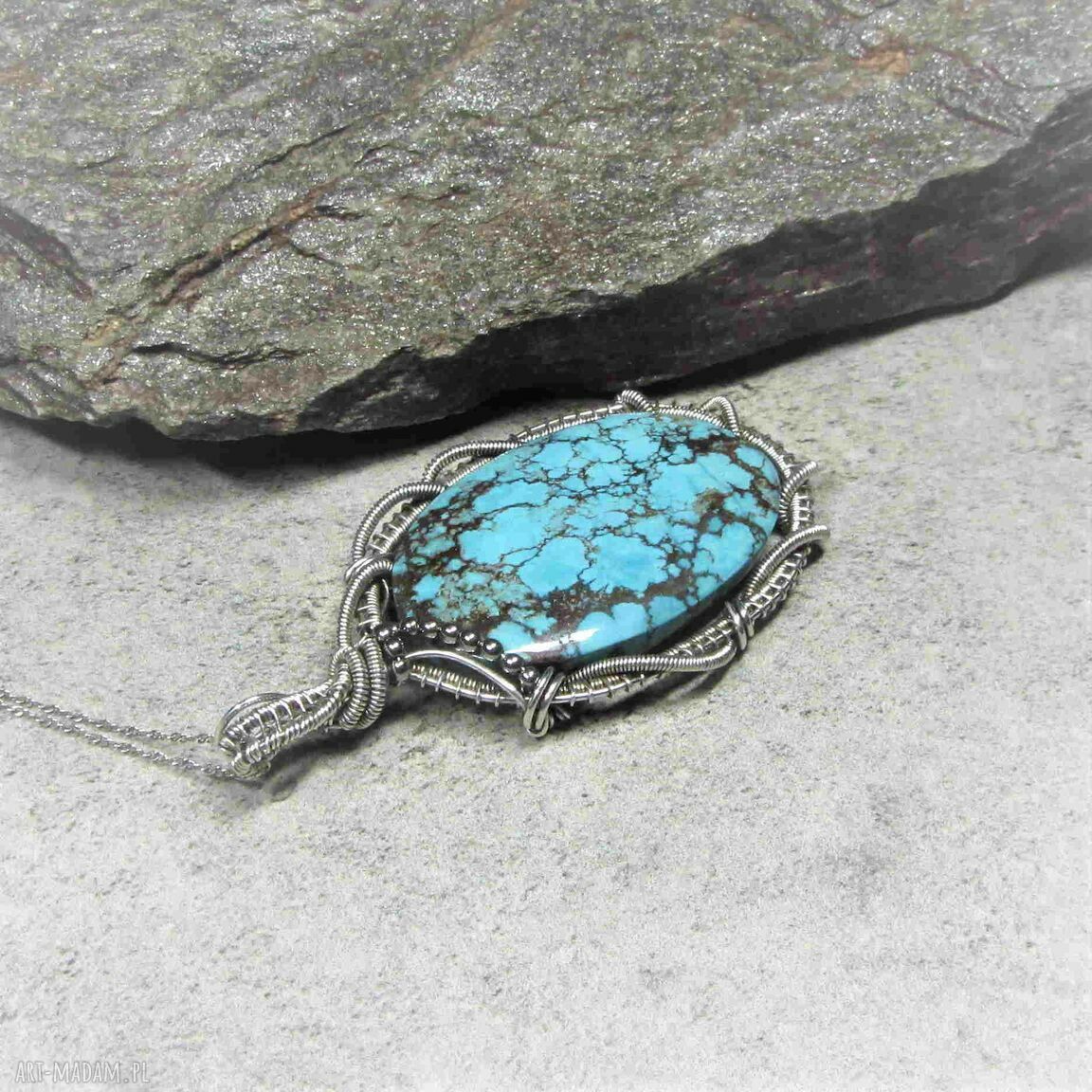 Srebrna zawieszka z turkusem tybetańskim - wire wrapping, oksydowane srebro 999