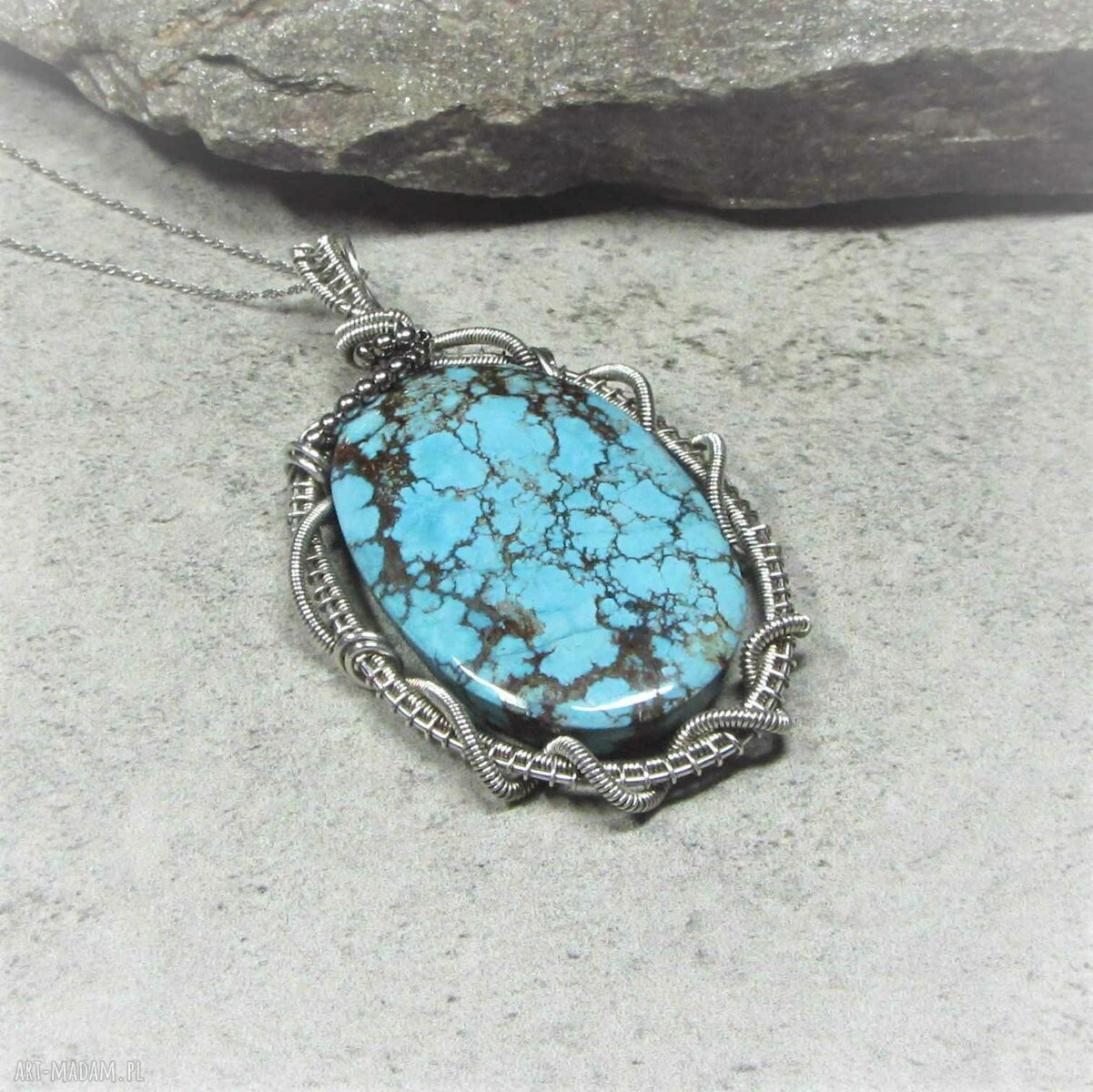 Srebrna zawieszka z turkusem tybetańskim - wire wrapping, oksydowane srebro 999