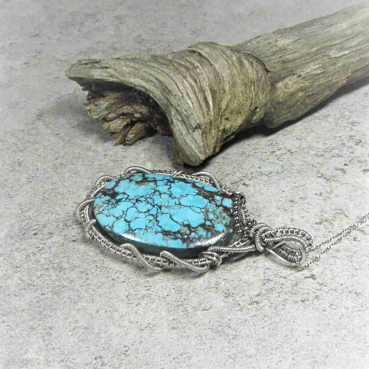 Srebrna zawieszka z turkusem tybetańskim - wire wrapping, oksydowane srebro 999