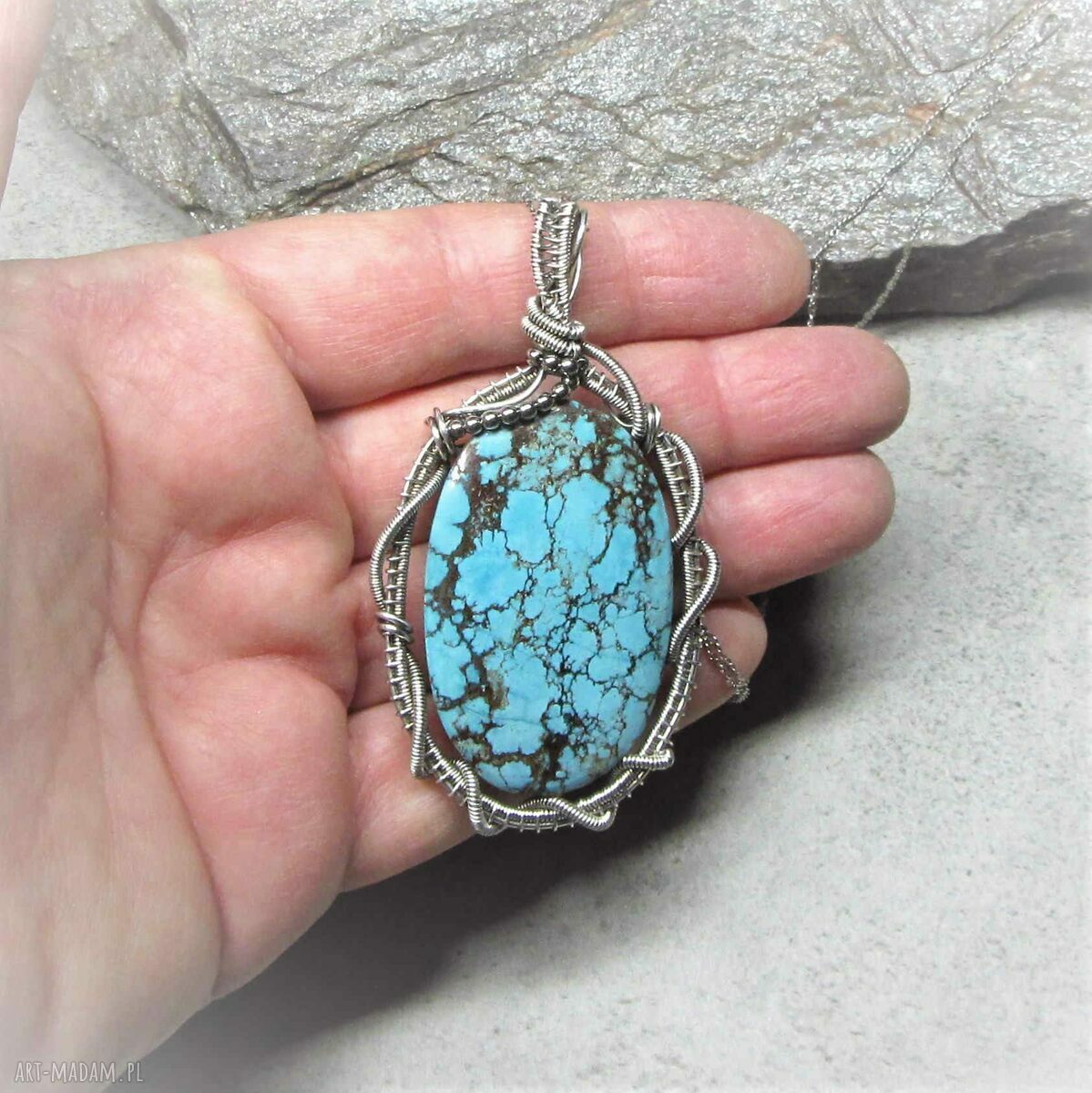 Srebrna zawieszka z turkusem tybetańskim - wire wrapping, oksydowane srebro 999