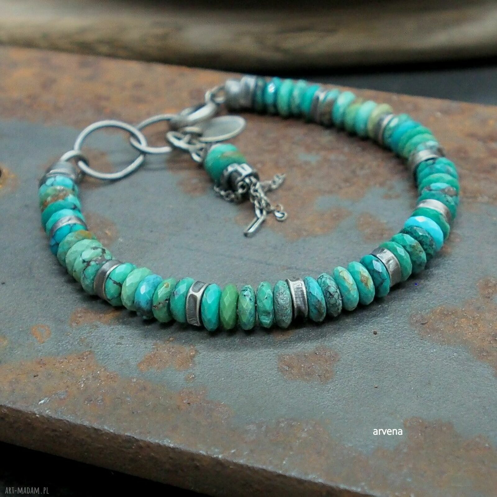 Turkusowa bransoletka unisex charms z naturalnym turkusem - srebro 925 oksydowane, regulowana