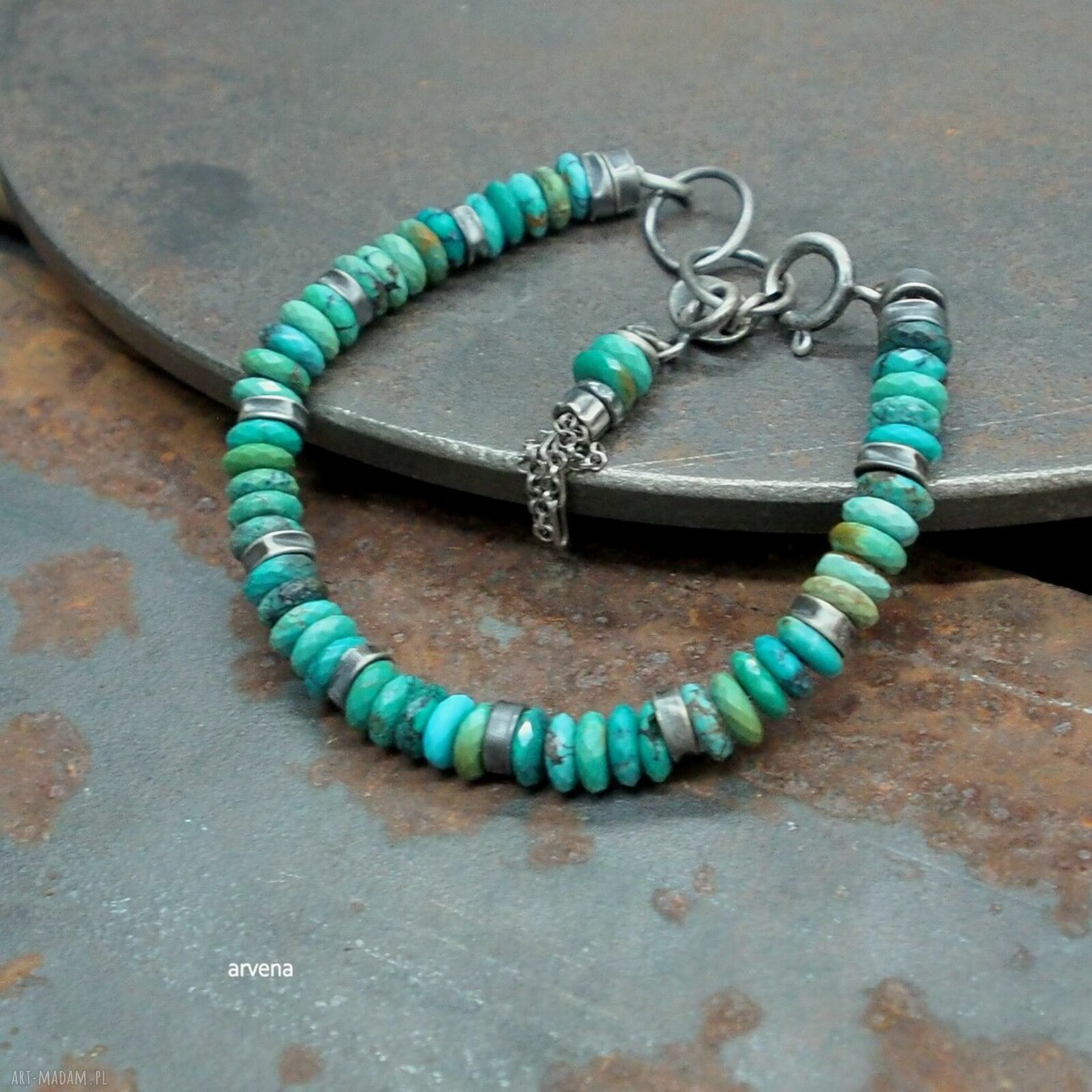 Turkusowa bransoletka unisex charms z naturalnym turkusem - srebro 925 oksydowane, regulowana