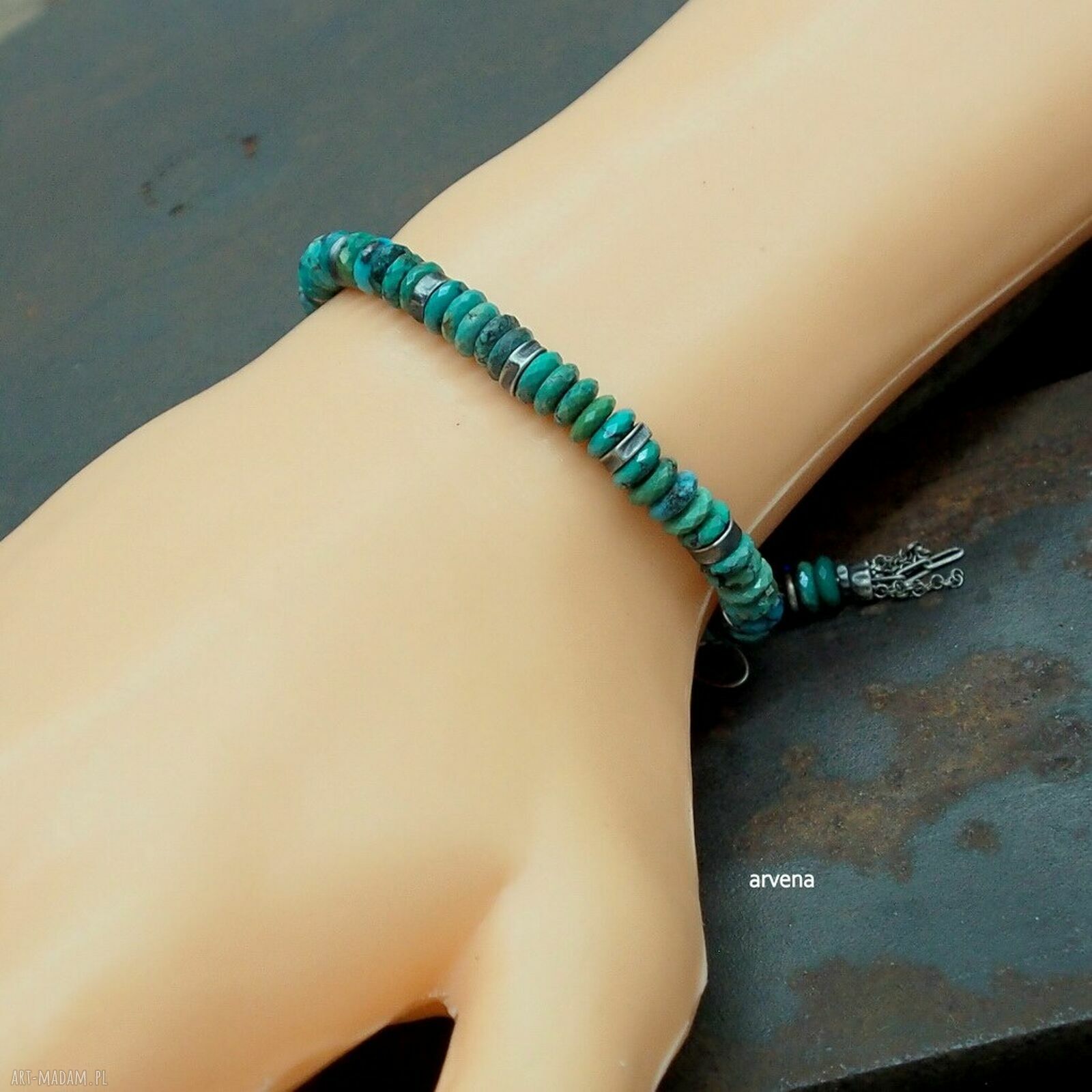 Turkusowa bransoletka unisex charms z naturalnym turkusem - srebro 925 oksydowane, regulowana