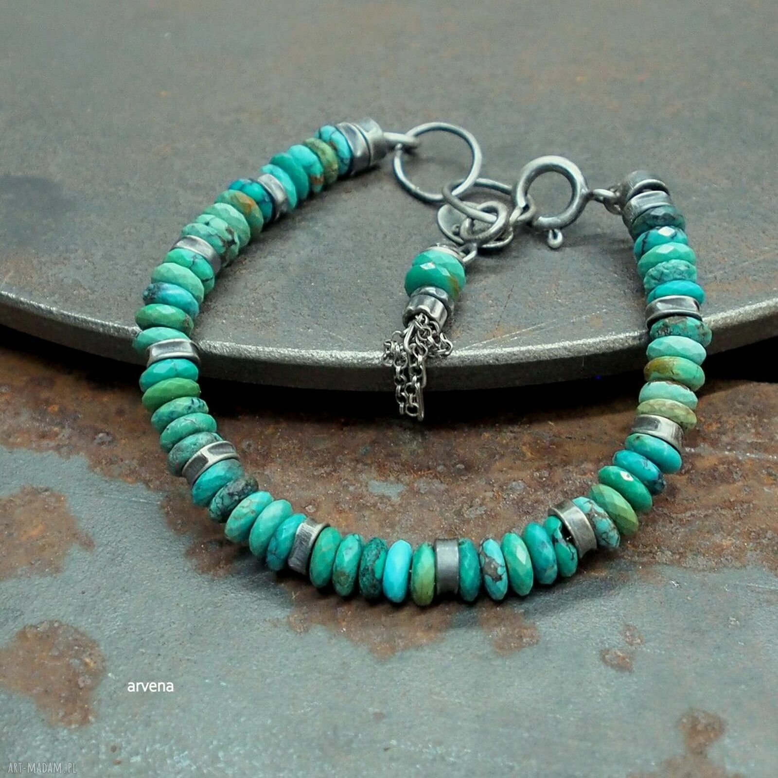 Turkusowa bransoletka unisex charms z naturalnym turkusem - srebro 925 oksydowane, regulowana
