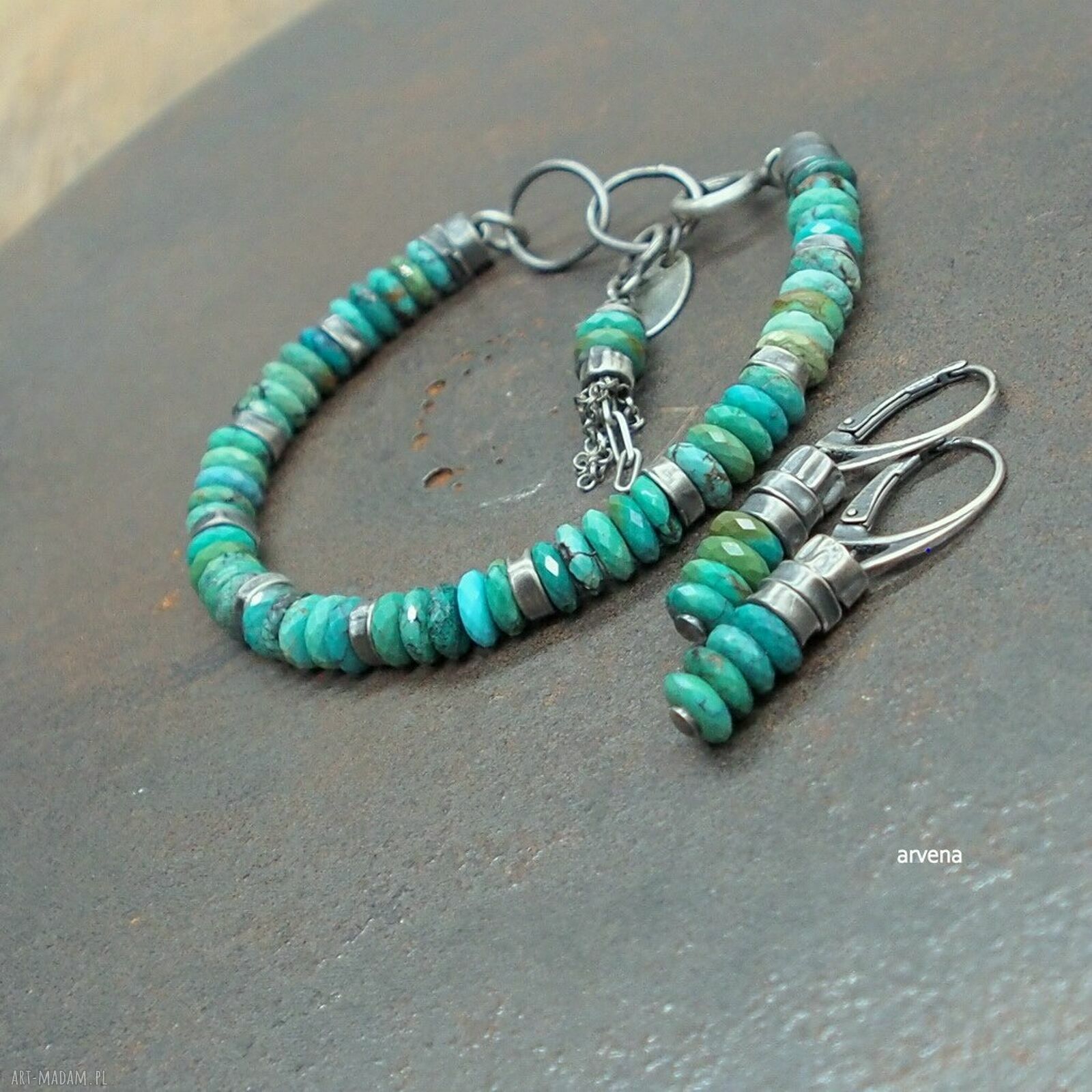 Turkusowa bransoletka unisex charms z naturalnym turkusem - srebro 925 oksydowane, regulowana