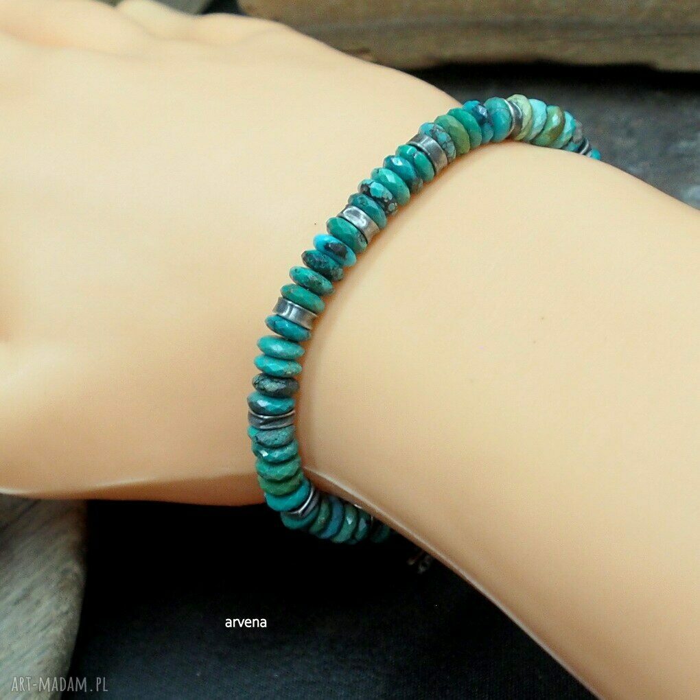 Turkusowa bransoletka unisex charms z naturalnym turkusem - srebro 925 oksydowane, regulowana