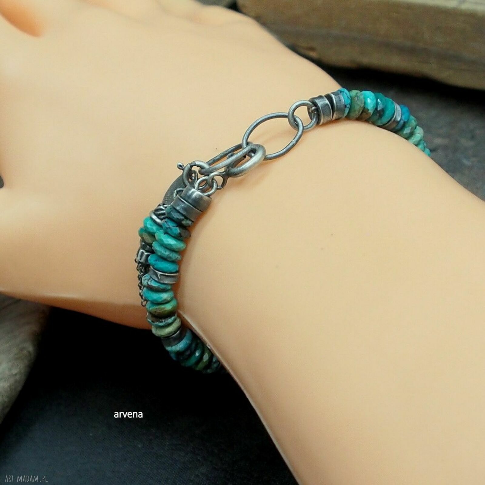 Turkusowa bransoletka unisex charms z naturalnym turkusem - srebro 925 oksydowane, regulowana
