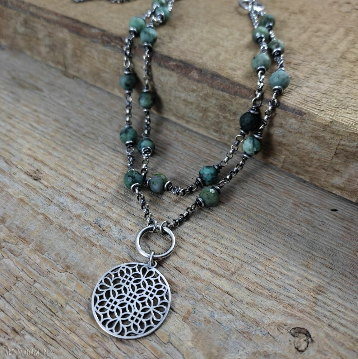 Naszyjnik turkus z rozetą - srebro 925 oksydowane (handmade)