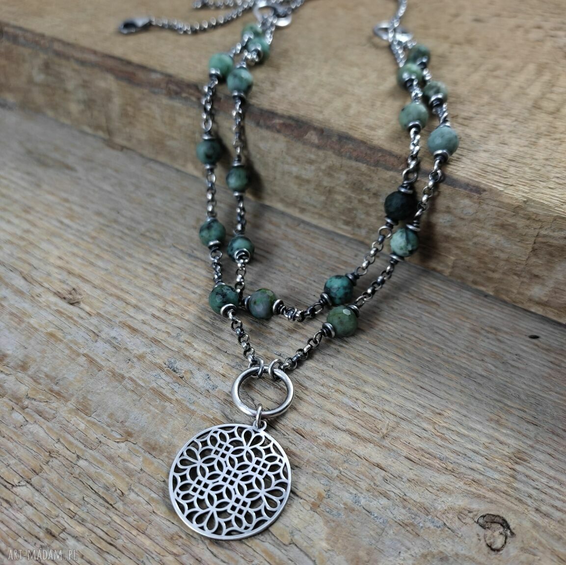 Naszyjnik turkus z rozetą - srebro 925 oksydowane (handmade)