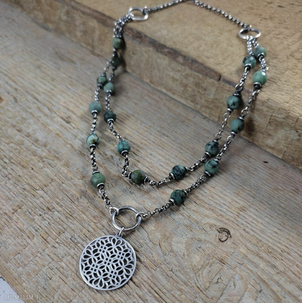 Naszyjnik turkus z rozetą - srebro 925 oksydowane (handmade)