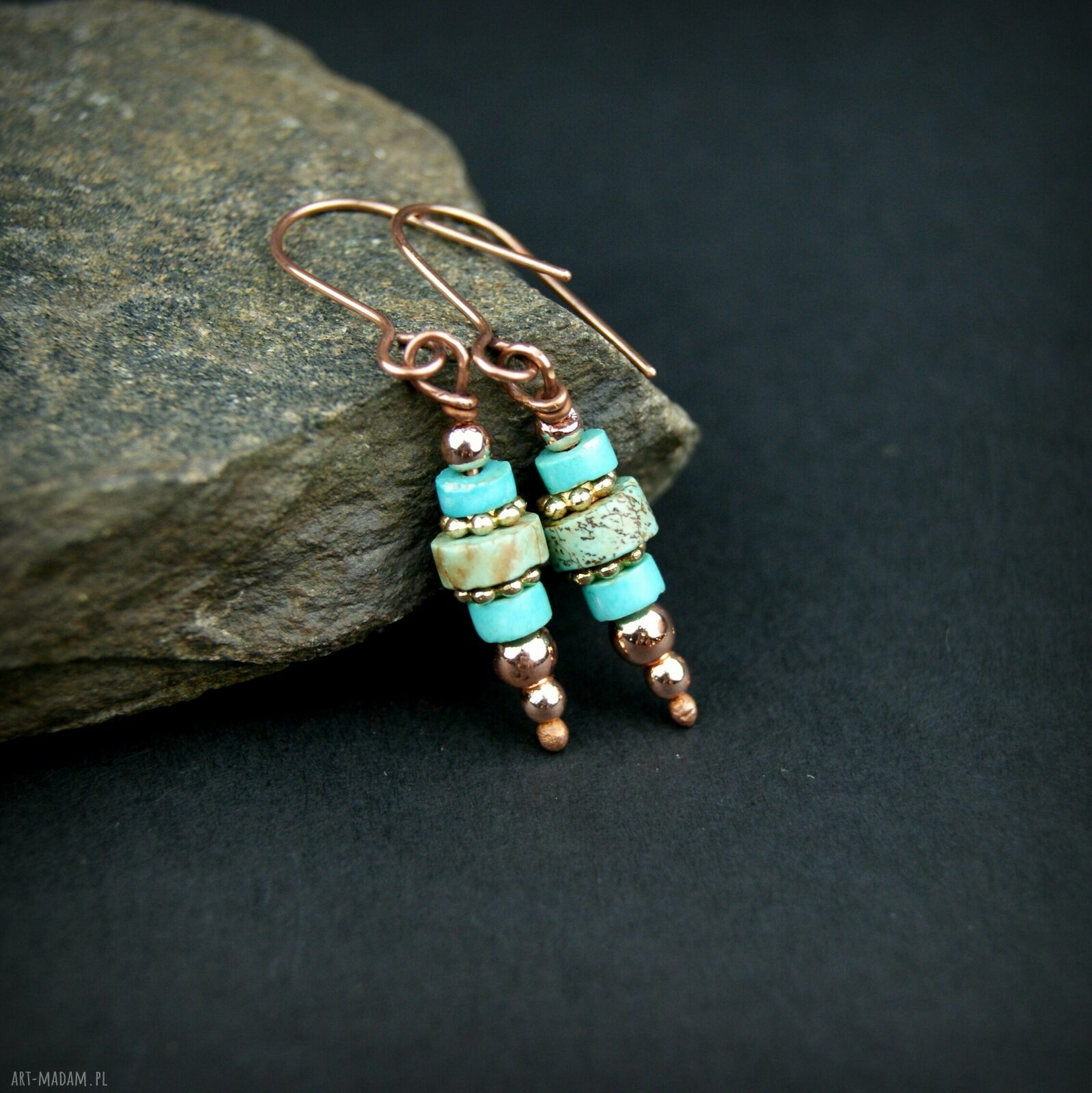 Turkusowe kolczyki z miedzią i hematytem - ręcznie robione wire wrapping