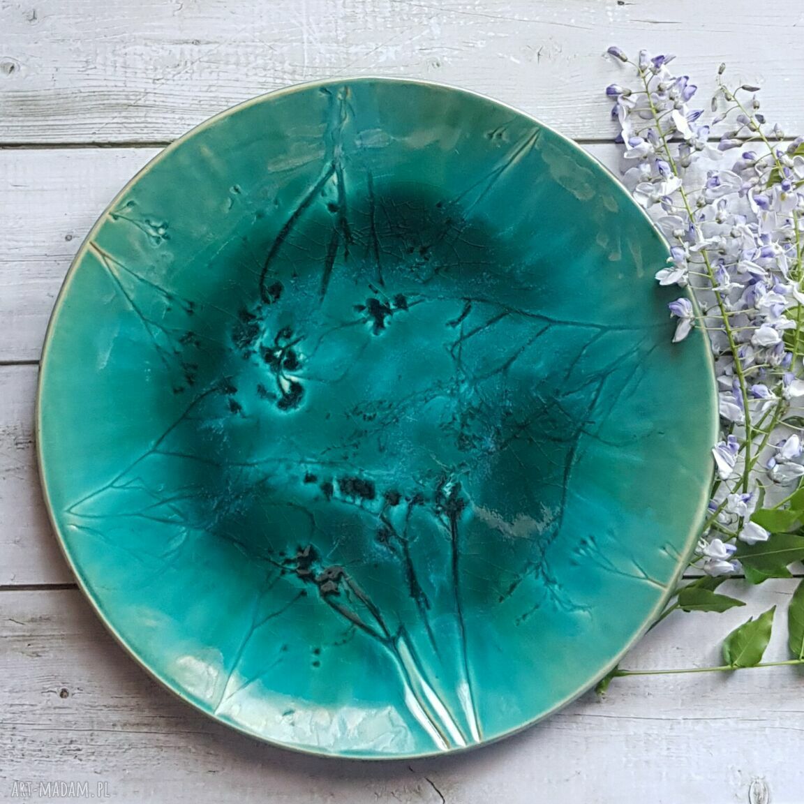 Turkuslove patera XXL z motywem roślin - ceramiczna dekoracja 39,5 cm