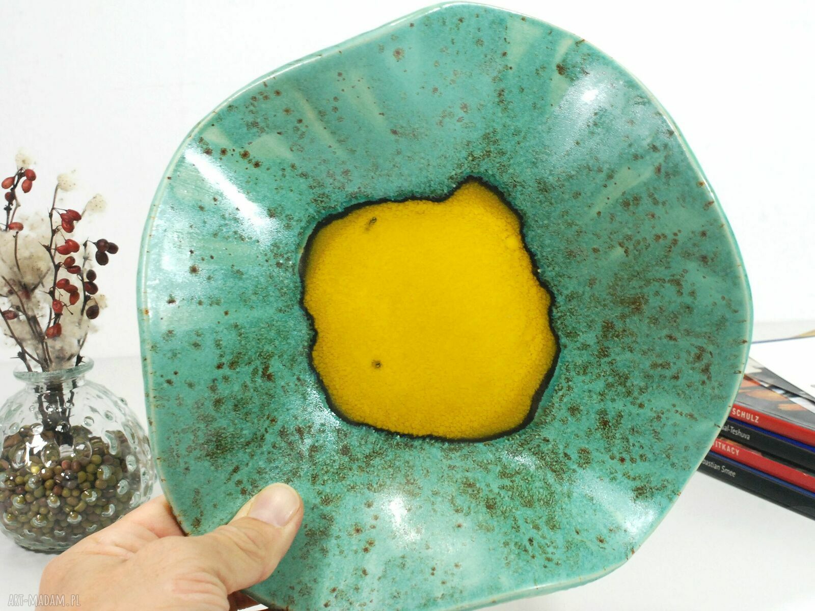 Turkusowa misa dekoracyjna na owoce i drobiazgi - styl boho (Fingers Art)