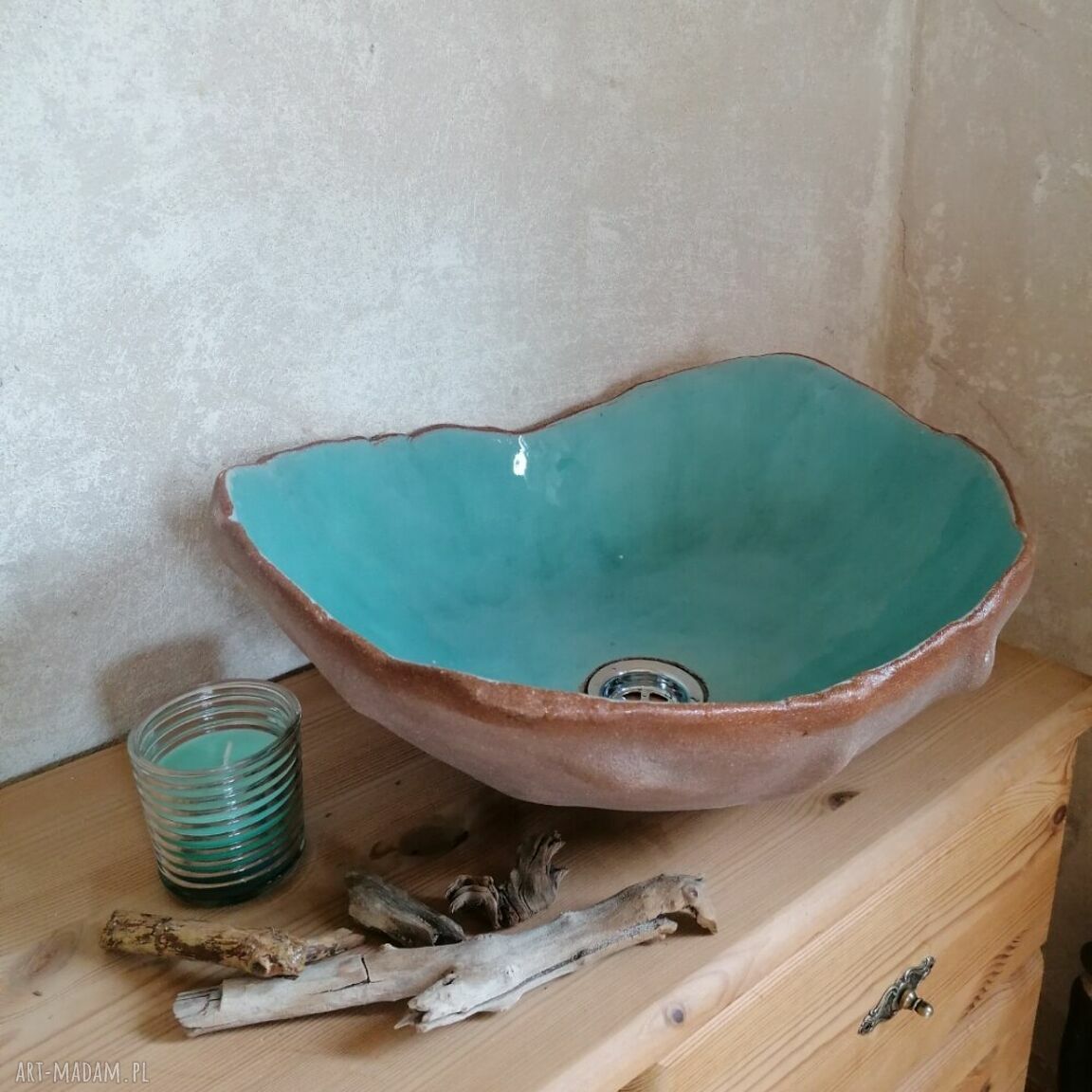 Turkusowa nablatowa umywalka ceramiczna Ljuska - rękodzieło
