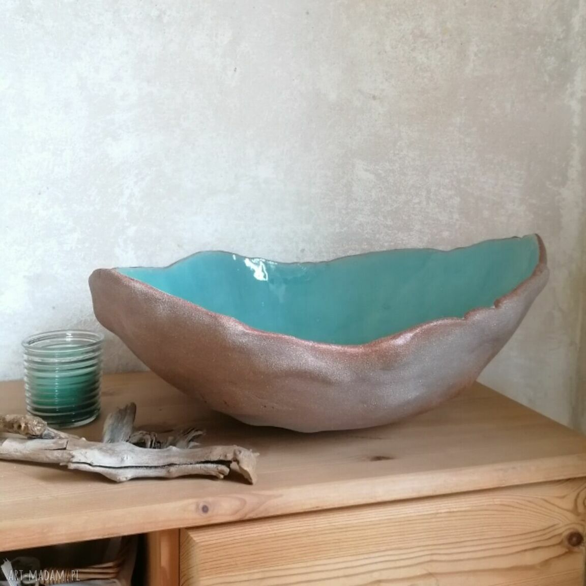 Turkusowa nablatowa umywalka ceramiczna Ljuska - rękodzieło