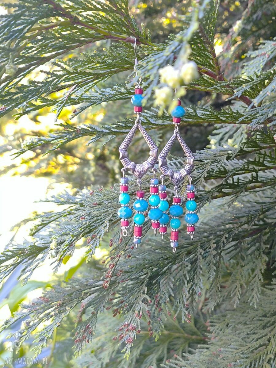 Turkusowe kolczyki z koralików i czerwonego korala - Floral boho