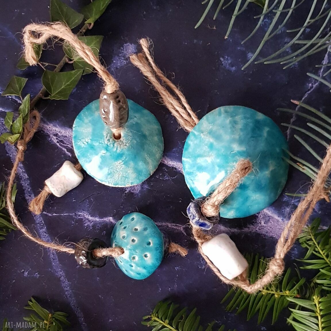 Turkusowe dzwoneczki na choinkę - ceramiczna dekoracja handmade